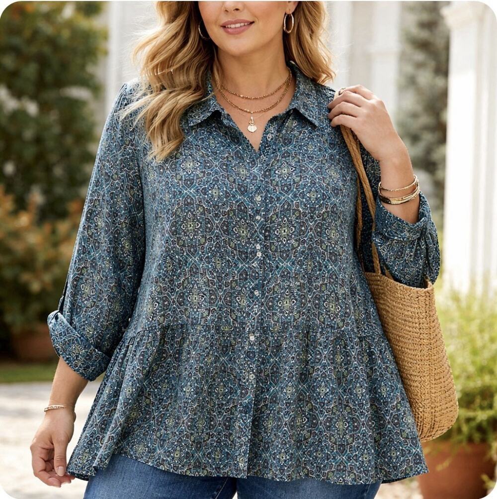 Catherine’s Sz 1X (18-20W) Flowy Tunic Blouse Teal Boho Print Btn Front Pockets